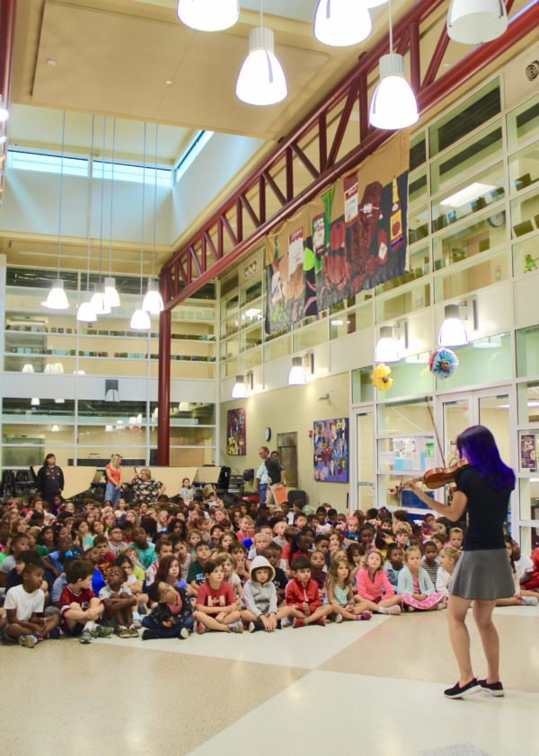 CCCMF 2019 Festival Artists Katie Hyun enthralls a room full of young students in one of our many outreach performances